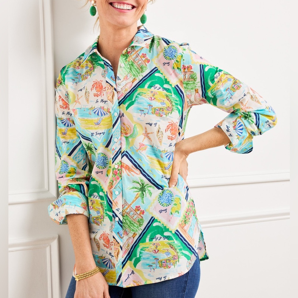 Talbots Modern Classic Shirt Summer Vista Vacation Postcard Print Long Sleeve 2X